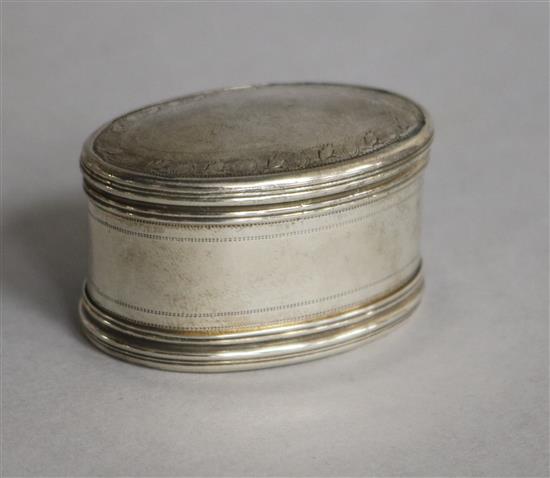 A George III, silver oval nutmeg grater, Peter & Ann Bateman, London, 1799, 44mm.